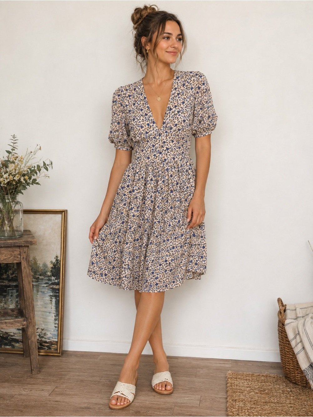My Style Floral V-Neck Short Sleeve Mini Summer Dress in Beige Blue Medium